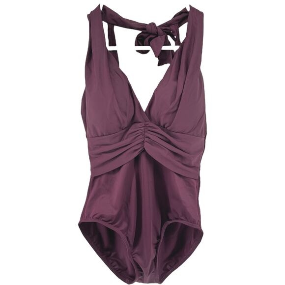 Miraclesuit One Piece Swimsuit Halter Ruched Waist V Neck Padded Purple Medium - Picture 1 of 5